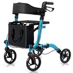 COSTWAY Folding Rollator, 4 Wheels Mobility Walker with Seat, Break, Adjustable Handle, Cane Holder and Detachable Storage Bag, Lightweight Walking Aid for Elderly Handicapped (Blue)