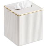 GORESE Tissue Box Cover Square Kleenexs Box Cover, PU Leather Tissue Cover with Gold-Tone Edging, Cube Tissue Box Holder for Bathroom Livingroom Car, Modern Decorative Kleenexs Cover, Cream White