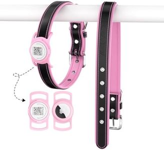 Premium Leather Dog Collar with Integrated Slide-On Holder Compatible for Apple AirTag, Soft Padded Inner Leather, Laser Engraved QR Code ID, Adjustable Collar for Medium Large Dogs (Pink, L)