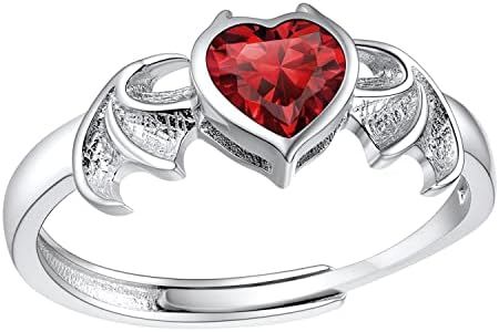 SILVERCUTE Bat Men Ring S925 Stamped Sterling Silver Bat Wing Ring, Resizable Garnet Red Heart Rings for Women