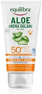 equilibra Solari, Aloe Crema Solare SPF 50+ Travel Size, con Aloe Vera, Vitamina C ed E, Olio di Argan, Olio di Cocco e Burro di Karité, Per un'Abbronzatura Sana e Naturale, Water Resistant, 75ml