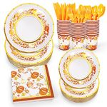 Whaline 175Pcs Fall Thanksgiving Disposable Tableware Set for 25 Guests Paper Plates Cups Knife Fork Spoon and Napkins Watercolor Pumpkins Foil Gold Dinnerware Set for Autumn Thanksgiving Party Decor