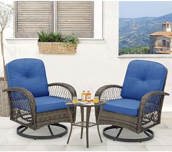 EROMMY 3 Pieces Outdoor Swivel Rocker Patio Chairs, 360 Degree Rocking Patio Conversation Set with Thickened Cushions and Glass Coffee Table for Backyard, Navy Blue