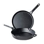 Meyer Pre-Seasoned Cast Iron 2 Piece Cookware Set - 26cm Fry pan + 28cm Flat Dosa Tawa | Induction Cookware Set Combo Offer | Cast Iron Utensils for Cooking | Cast Iron Set Kitchen, Black