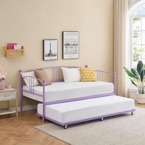 Daybed, Daybed with Trundle, Twin Metal Bed Frame with Arched Headboard, Daybed with Sturdy Slat Support for Small Spaces, Kids Room, Living Room, No Box Spring Required, Easy Assembly, Purple