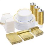 BESTVIP 350PCS Gold Disposable Dinnerware Set (50 Guests), Plastic Plates for Party, Wedding, Include: 100 Plastic Plates, 50 Gold Silverware, 50 Cups, 50 Napkins