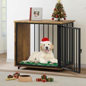 YITAHOME Medium Dog Crate Furniture, 28.5" Wooden Dog Kennel End Table with Metal Mesh, Indoor Dog House Dog Cage for Medium Small Dogs, Brown