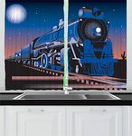 Ambesonne Train Kitchen Curtains, Old Fashion Vehicle Coming from Horizon in Twilight Full Moon and Stars Graphic, Window Drapes 2 Panel Set for Kitchen Cafe Decor, 55" x 39", Dark Blue