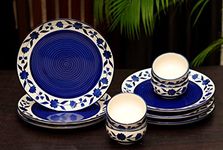 Yourowndcor Handcrafted Ceramic Blue Floral 12 Pieces Dinner Set - 6 Full Plate 10 inch, 6 Serving Bowls 4 inch| Microwave Safe, Freezer Safe, Dishware Safe (Blue)