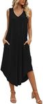 SUNDELL Women's Summer Dress Sleeveless Maxi Dresses Casual V Neck Loose Midi Dresses with Pockets (Black-L)