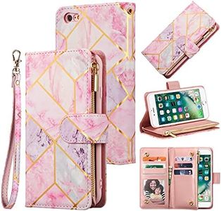 UEEBAI Wallet Case for iPhone 6 6S, Premium Vintage PU Leather Magnetic Closure Geometric Handbag Zipper Pocket Case Kickstand Card Holder Slots TPU Shockproof Flip Case - Pink&Purple