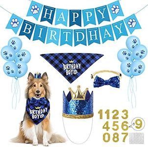 Selemoy Dog Birthday Party Supplies, Birthday Hat Bandana Scarf with Cute Dog Bow Tie, Flag, Balloons for Small Medium Dogs Pets, Doggie Birthday Party Supplies Decorations