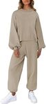 Viottiset Women's 2 Piece Outfits Lounge Set Long Sleeve Casual Knit Pullover Wide Leg Pants Sweatsuit Loungewear Khaki S