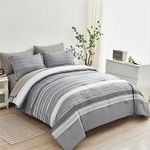 KAKIJUMN 7 Piece Bed in a Bag Stripe Comforter Set Queen Size, White Grey Patchwork Striped Comforter and Sheet Set, All Season Soft Microfiber Complete Bedding Set(Light Grey,Queen)