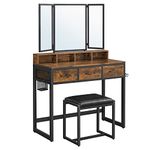 VASAGLE Dressing Table with Mirror and Stool, Vanity Table with Tri-Fold Mirror, 3 Drawers, Hair Dryer Holder, Makeup Desk, Industrial Style, Rustic Brown and Black RVT004B01