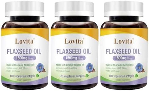Lovita Organic Cold-Pressed Flaxseed Oil : 1500mg with 900mg ALA Omega-3. Vegan Dietary Supplement. 180 Softgels (Pack of 3)