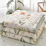 Chickwin Quilted Bedspread for Double Size, 200x230cm Green Floral Printed Pattern Bedding Coverlets Lightweight Summer Bed Throws Comforter Soft Luxury Sofa Blanket for All Season