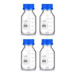 Bello Borosilicate Glass reagent bottle 50ml with leak proof Blue Screw Cap pack of 4 for glassware wide mouth chemical bottles for lab, laboratory, kitchen and professional use