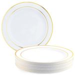 MATANA 25 Premium White Plastic Dinner Plates with Gold Rim, 26cm / 10 Inch - Elegant & Reusable Party Plates for Weddings, Birthdays, Picnic, BBQ, Parties