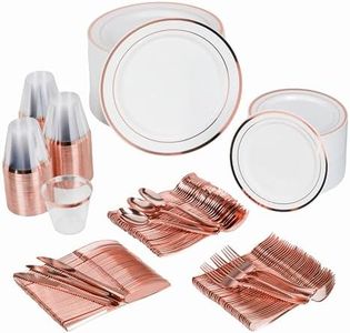 Prestee 600 Piece Plastic Disposable Dinnerware Set 100 Guests - Includes Dinner Plates, Salad Plates, Knives, Forks, Spoons, & 9 oz Cups | Rose Gold