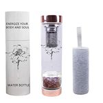 Crystal Elixir Infused Gem Water Bottle with Tea Infuser, Crystal Water Bottle Tea Strainer with Removable Rose Quartz Crystals for Chakra Wellness - 15 oz (Amethyst)