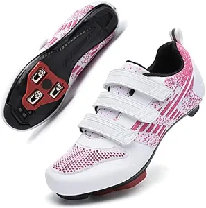 Unisex Road Bike Cycling Shoes Compatible with Peloton Shimano SPD Bike Riding Shoes for Men Women, 3 Straps, Pre-Installed Delta Cleats for Indoor Outdoor Cycling Biking Size 6(White-Pink)