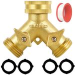 2 Way Heavy Duty Brass Garden Hose Connector Tap Splitter for Lawn and Garden - Outlet Splitter, Hose Splitter, Hose Spigot Adapter with 2 Valves, Plus 4 Extra Rubber Washers Updated Version