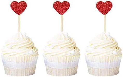Ercadio Glitter Heart Cupcake Toppers Picks for Sweet Love Theme Wedding Engagement Bridal Shower Party Cake Decors 40 PCS Red
