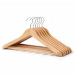 Amazon Basics Wooden Hangers – Broad Shoulder, Natural Wooden Color, Glossy Finish, Pant Bar, 360° Hook, 5kg Capacity, Pack of 6 (Size: 44.5L × 23H × 5.5W cm)