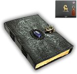 Urban Leather Lapis 3 Moon Black Book of Shadows Grimoire Journal with Deckle Old Styled Parchment Paper for Men Women to Write in, Wicca Wiccan Supplies Witchcraft Prop DND Journal