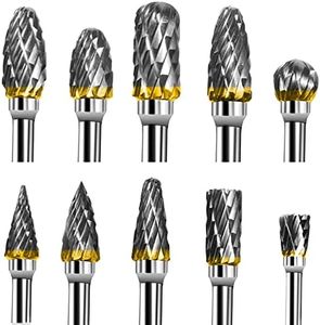 Carbide Rotary Burr Set - BIGOU 10PCS Double Cut Carving Burr Bits Tungsten Carbide 1/8" Shank 1/4" Grinding Head for DIY Carving Metal Polishing Engraving Drilling