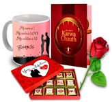 Midiron Karva Chauth Gifts, Best Karwachauth Gift Combo for Wife/Husband/Bhabhi/Womens (Chocolate Box, Artificial Rose With Greeting Card, Quote Printed Mug Gift For Wife, Special One)