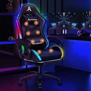 ALFORDSON Gaming Office Chair with 12 RGB LED Lights & 8 Point Massager, Leather Executive Racing Computer Chair with Lumbar Support Footrest and High Back, Ergonomic Desk Chair for Office Gamer Black