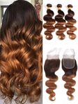 2 Tone Ombre Body Wave Hair 3 Bundles with 4x4 Free Part Lace Closure 100% Unprocessed Brazilian Remy Virgin Hair Body Wave Human Hair Bundles with Closure (14 16 18+12" 4x4 Closure)