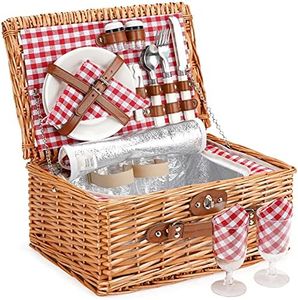 Wicker Picnic Basket for 2, Willow Hamper Basket Sets with Insulated Compartment, Handmade 2 Person Picnic Basket Classical Red Check with Utensils Cutlery Perfect for Picnic, Camping