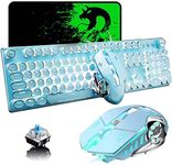 Gaming Keyboard and Mouse,Retro Steampunk Vintage Typewriter-Style Mechanical Keyboard with White LED Backlit,104-Key Anti-Ghosting Blue Switch Wired USB Metal Panel Round Keycaps(Blue)