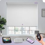 Graywind Motorized Roller Shades Work with Alexa Google Smart Blackout Shades with Remote Insulated Triple Weaved Fabric Window Blinds with Valance for Smart Home Office, Customized Size (White)