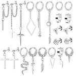 Kakonia 22 Pcs Dangle Earrings for Men Stainless Steel Hinged Huggie Hoop Earrings Punk Long Chain Stud Snake Feather Sword Cross Dangle Kpop Earrings for Men Black and Sliver Tone