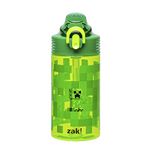 Zak Designs Minecraft Water Bottle For School or Travel, 16oz Durable Plastic Water Bottle With Straw, Handle, and Leak-Proof, Pop-Up Spout Cover (Creeper)