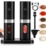 Electric Salt and Pepper Grinder Set, Stainless Steel Pepper Mill, USB Rechargeable, Adjustable Coarseness, Auto Grinders with Charging Base Blue LED Light, One-Handed Operation, Funnel (Black)