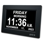 [Newest Version] 7 Inch Day Clock - 12 Alarm Options, Level 5 Auto Dimmable Display,Extra Large Impaired Vision Digital Clock with Non-Abbreviated Day & Month Alarm Clock (7 inch)