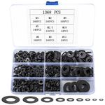 1368 Pcs Washers for Screws, Black Stainless Steel Washers, Flat Washers, Metal Lock Washers, M2 M2.5 M3 M4 M5 M6 M8 M10 M12 Washers Spacers, Assorted Washers for Plumbing Home Decoration Repair