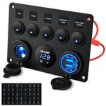 Kohree IP65 Waterproof 12V/24V Switch Panel + UPGRADED USB Switch, Toggle Switch Panel, Dual USB Charger Port 4.2A, Car Rocker Switches, Lighter Socket, 5 Gang Switch Panel for Car Boat Truck