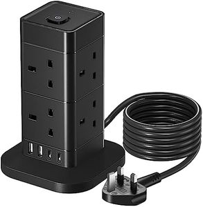 3M Tower Extension Lead with USB Slots, Hotimy 13A 8 Way Extension Lead Surge Protection with 2 Type C & 2 USB Ports, Multi Plug Extension Lead Tower Black 3 Meters Extension Cord for Home, Office