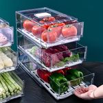 ZCOINS 1 Pack 30x20x11CM Clear Large Fridge Organizer Bins with Pull Out Drawer & Drain Tray, Stackable Plastic Food Storage Containers for Fruit & Vegetable, Freezer Organizer for Home Kitchen