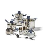 T-fal Essentials Stainless Steel Cookware Set 12 Piece, Induction Compatible, Oven Safe 350F, Cooking Set w/Stewpots, Stockpot, Saucepan, Lids & Tools, Measuring Marks, Dishwasher Safe, Silver/Blue