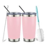 COMOOO 20oz Tumbler Bulk Double Wall Vacuum Insulated Travel Mug, Stainless Steel Tumbler with Lid and Straw Durable Powder Coated Insulated Coffee Cup for Cold & Hot Drinks (pink, 2 pack）