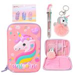 Unicorn Pencil Case for Girls, Large Capacity 3D EVA Cute Pencil Pouch Set with 10 Color Ballpoint Pen +Keychain + Bookmark, Anti-Shock Pencil Holder for Kids Back to School Gift