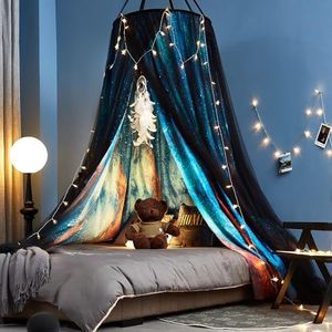 Kertnic Gorgeous Aurora Printed Bed Canopy for Girls & Adults, Room Decorative Cozy Bed Curtain Canopy Drapes, Round Dome Luxurious Lace Princess Canopies Mosquito Netting (Aurora)