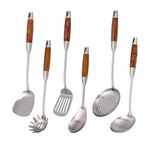 VALESKA 304 Stainless Steel Kitchen Utensils Set with Wood Handle, 6 PCS Metal Cooking Utensils Set, kitchen essentials, Non-Stick and Heat Resistant, Easy to Clean